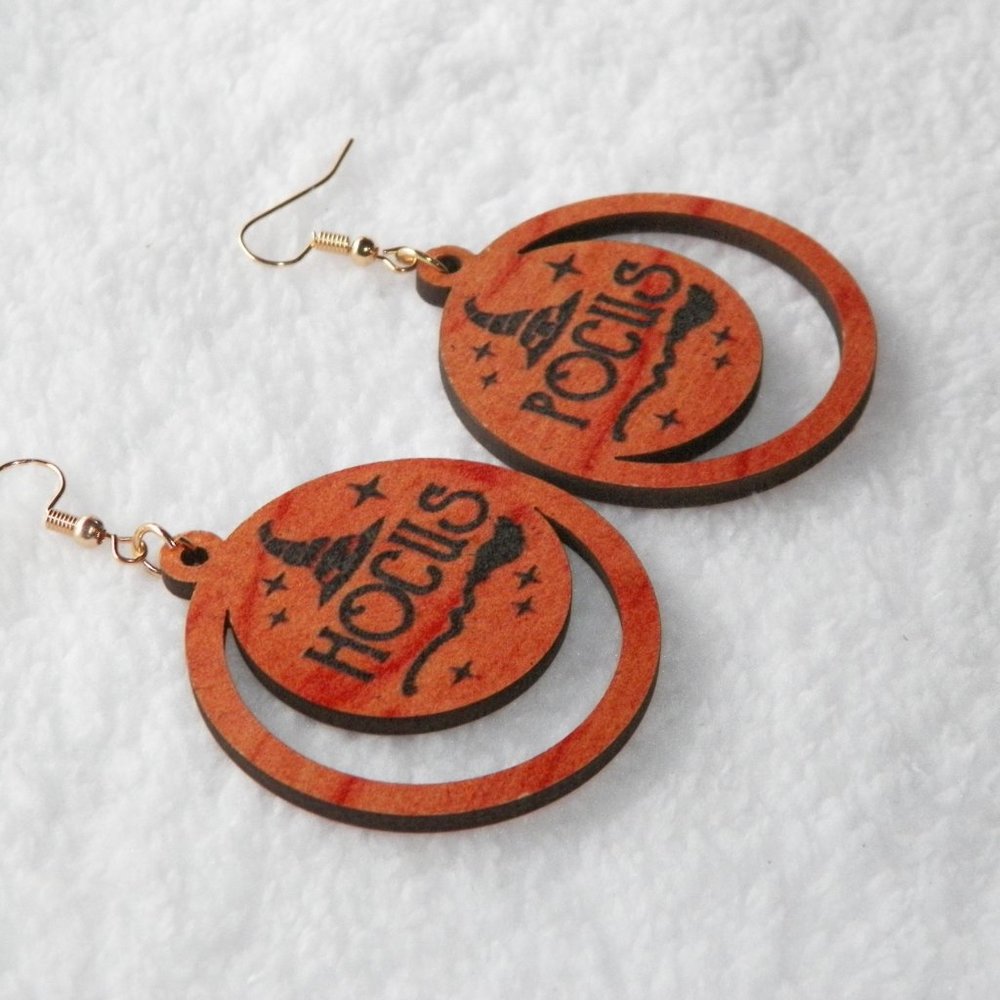 Halloween Witch Orange Wood Earrings 3 1/4" - Picture 4 of 6
